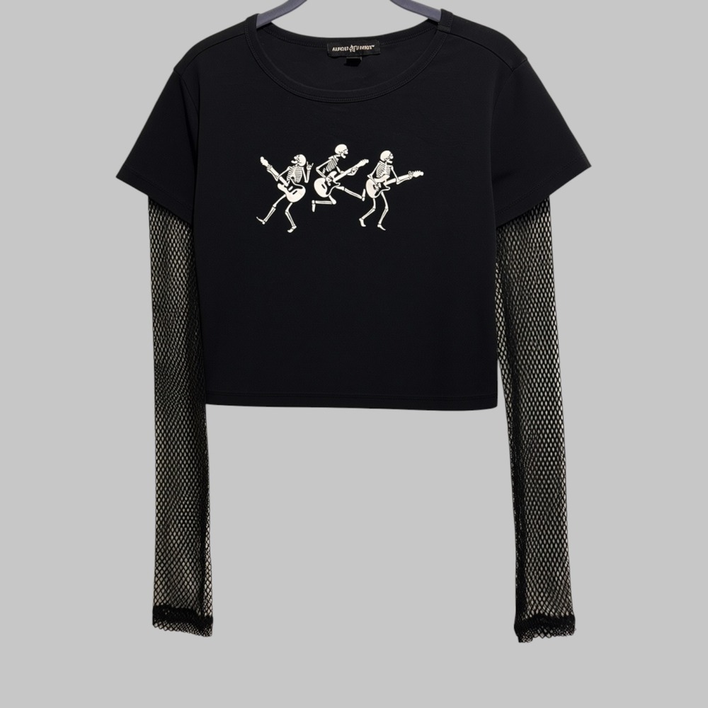 Women's Crop Top Black Skeleton Guitar L Long Fishnet Mesh Sleeves Grunge Goth